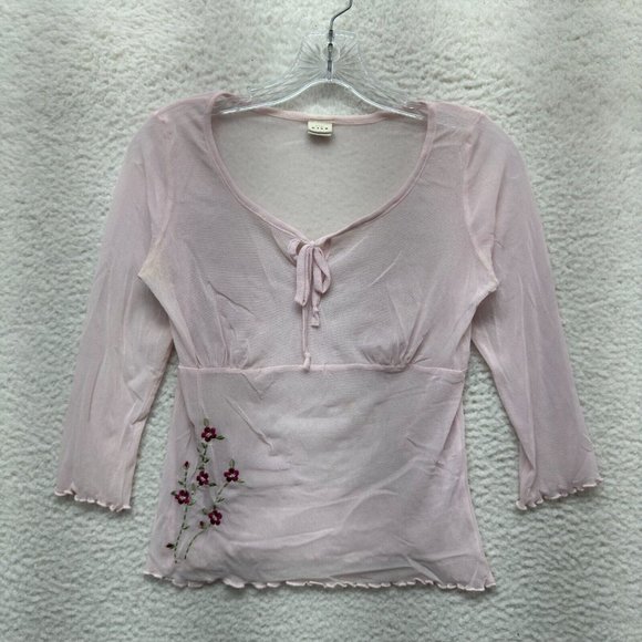90s Y2K Vintage Whimsigoth Boho Fairy Grunge Mesh Top M Medium Pink Floral Sheer - Picture 1 of 12